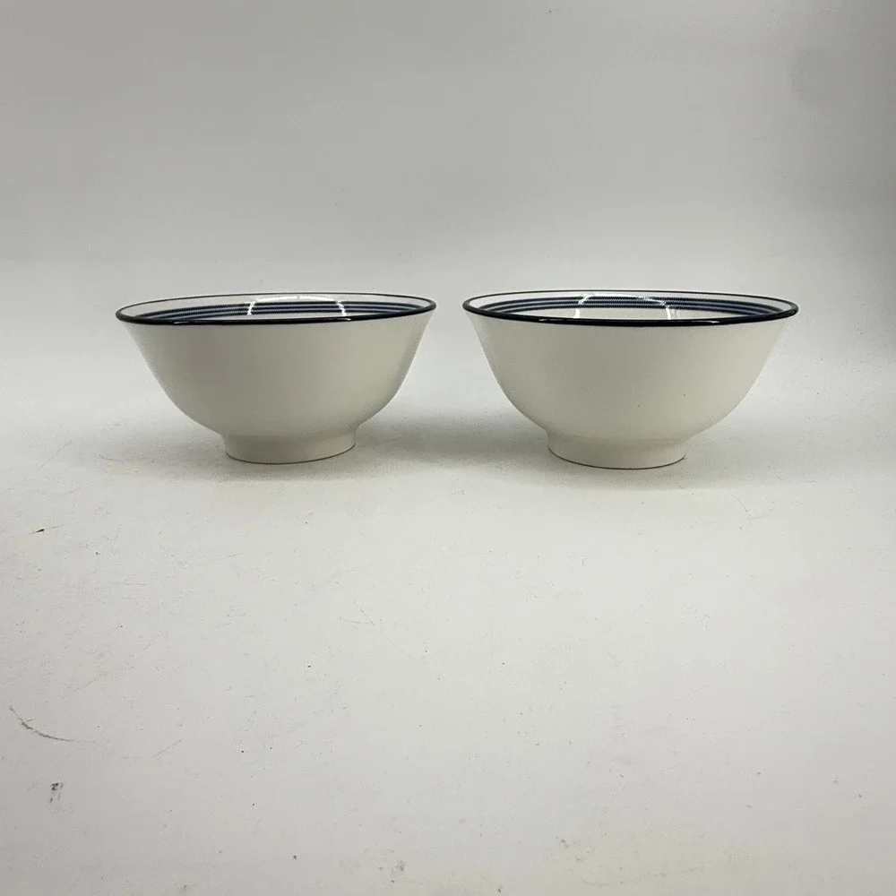Cereal Bowls Set of 2 White Navy Blue Striped Nautical Coastal Style Tall Soup